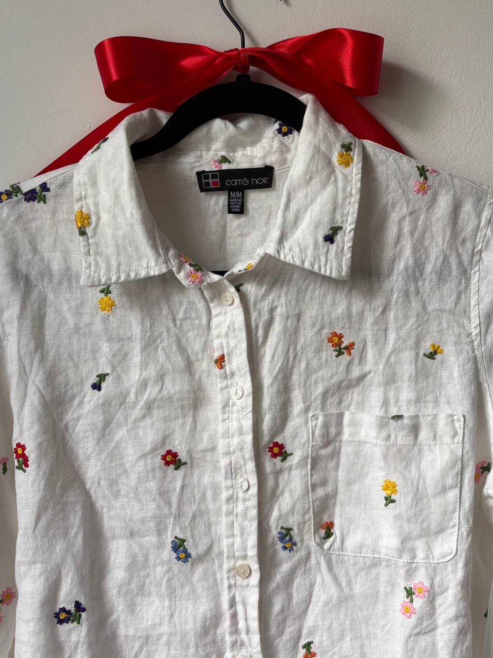 Vintage White Linen Shirt Blouse with Flowers S 2 4